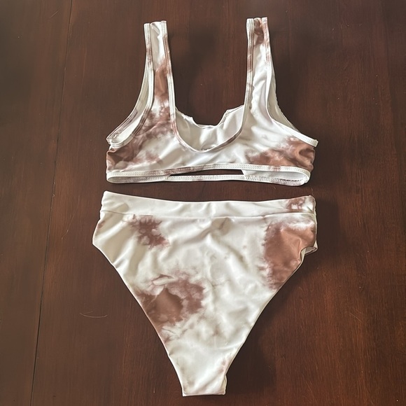 Brand New Tie Dye High Waisted Bikini Set White Brown 2-Piece Swimwear Bra Cups - Picture 9 of 16